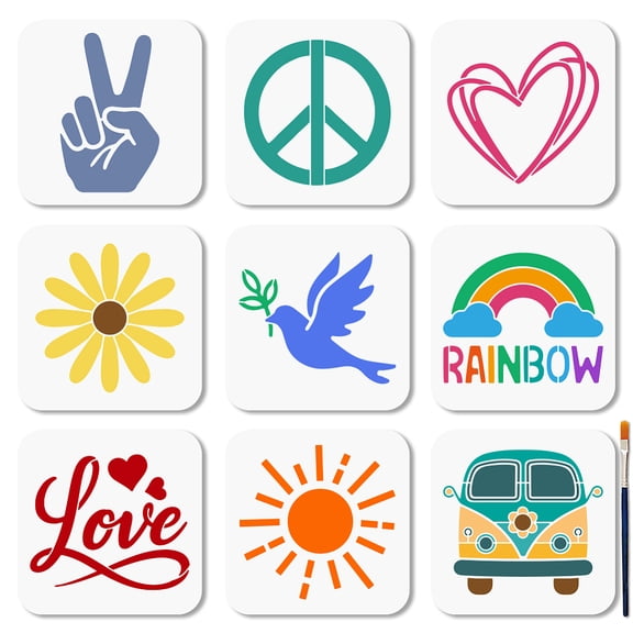 9 Pcs Peace Love Rainbow Stencil Reusable Victory Hand Painting Stencils 5.9x5.9 Inch Peace Dove Drawing Templates with Paint Brush