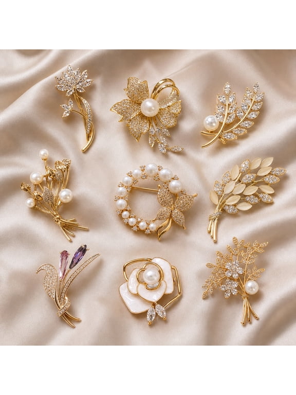 9 Pcs Pearl Rhinestone Brooch Set for Women, Elegant Floral Brooch Pins Gold White Alloy, Decorative Fashion Brooches for Dress Coat Scarf Wedding Party Daily Outfit Accessories