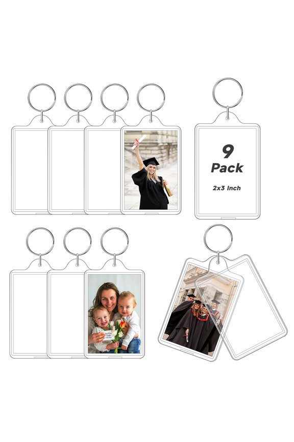 9 Pcs Photo Keychain, Acrylic Picture Keychain Holder for Insert 2 x 3 Inch Photo, Personalised Keychains Photo Frame for Father's Day, Blank Clear Keychains for DIY Craft Xmas Graduation Gift