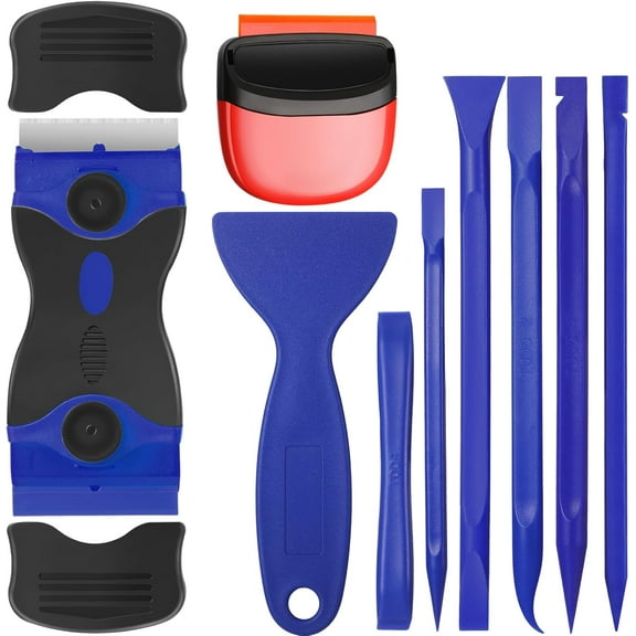 9 Pcs Plastic Scraper Tool Sticker Plastic Razor Blade Scraper Plastic Pick Plastic Non Scratch Tool Putty Knife for Window Floor Label Removal Paint Cleaning(Dark Blue)
