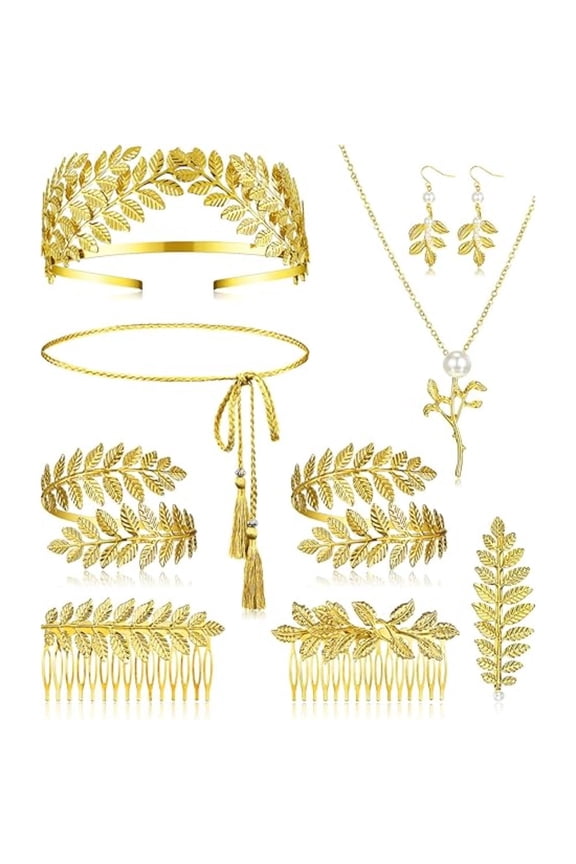 9 Pcs Premium Greek Goddess Set, Golden Leaf Crown Pearl Earrings Toga Belt, Full Costume Accessories for Women Theme Party Wedding