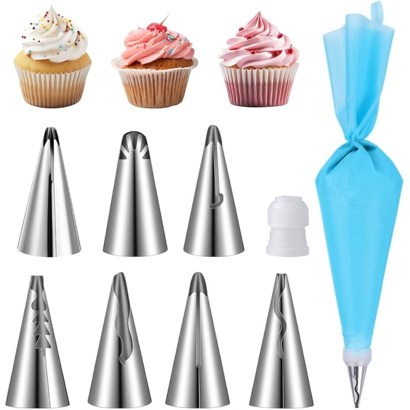 9 Pcs Reusable Piping Bags and Tips Set, Stainless Steel Ruffle Large Piping Tips with Pastry Bag Cake Decorating Tips for Cupcakes Cookies Cake Decoration Tools