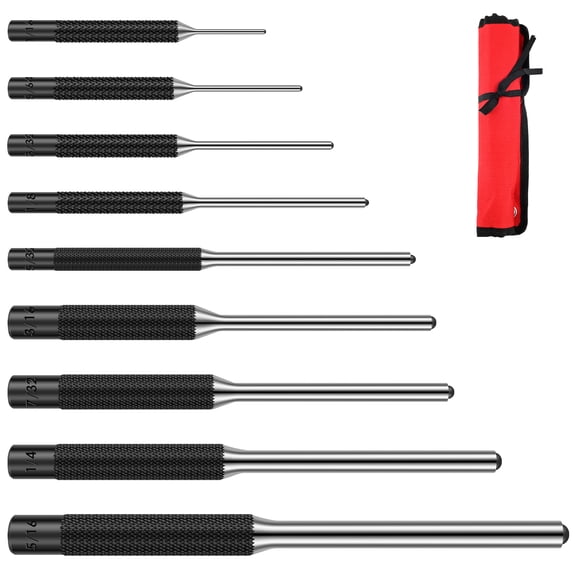 9 Pcs Roll Pin Punch Set Heat Treated Chrome Vanadium Steel Pin Punch Kit with Knurled Handles Roll Up Storage Pouch for Automotive