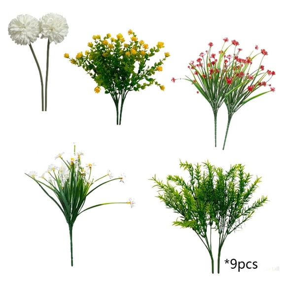 9 Pcs Set Spring Artificial Fake Flowers Potted Plants Decor Greenery Bushes For Indoor Outdoor Garden Arrangement Weighs 0.573 Lbs