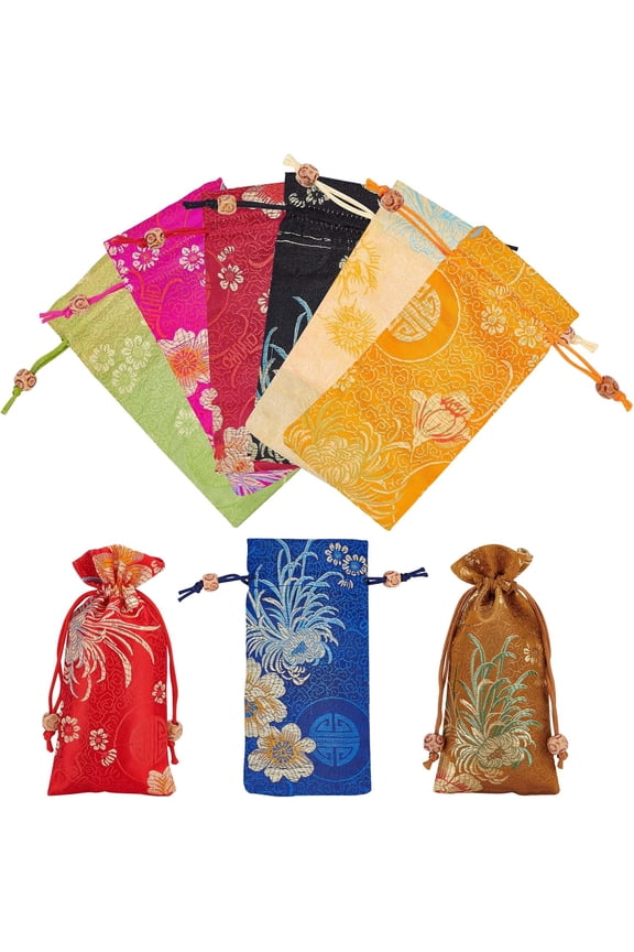9 Pcs Silk Drawstring Bags 3.1x6.3 Rectangle Floral Embroidered Brocade Bags Chinese Silk Bags Gift Wrapping Pouches with Wood Beads for Wedding Party Favors Packaging 9 Colors