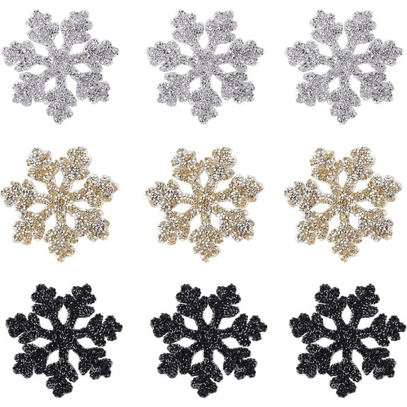 9 Pcs Snowflake Rhinestone Patches (Gold/Silver/Black) Crystal Iron/Sew on Patche Hot Melt Adhesive Appliques Decoration Patch for Christmas Decor Clothing Repair Dress Hat DIY Accessory