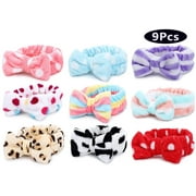 9 Pcs Spa Headbands  ,Colourful Bow Coral Fleece Makeup Headband for Women Washing Face