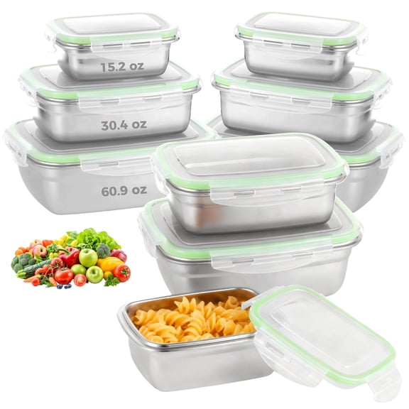 9 Pcs Stainless Steel Food Storage Containers, Leakproof Bento Lunch Boxes with Airtight Lids, Stackable & Nestable Meal Prep Food Containers, Oven/Dishwasher/Freezer Safe