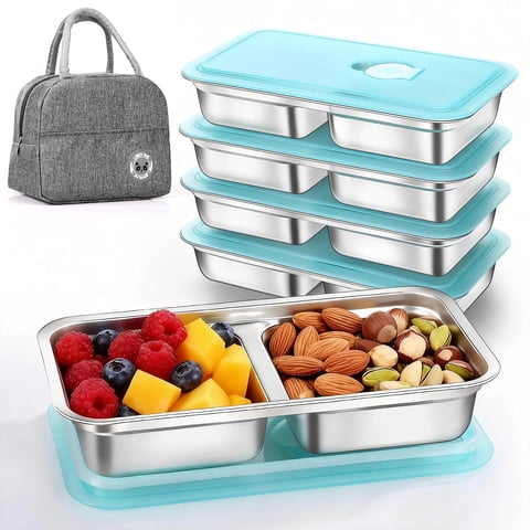 9 Pcs Stainless Steel Snack Containers with Lids and Lunch Box Bag, Grab and Go Snack Containers, Reusable 2 Compartment Stainless Steel Food Storage Containers Set for Travel & Outdoor Camping