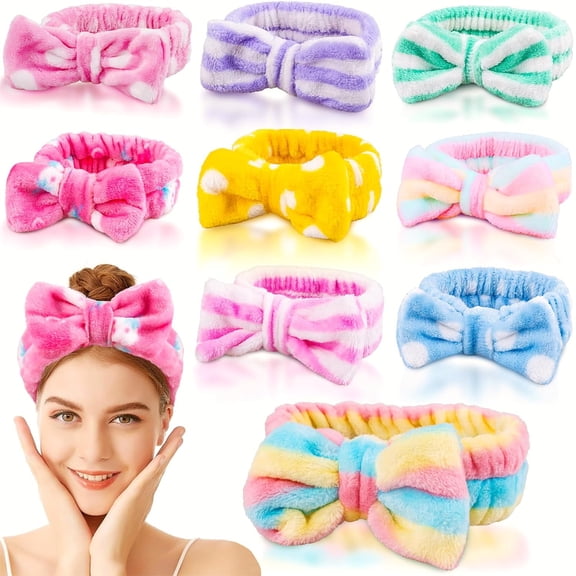 9 Pcs Stocking Stuffers for Women Girls Teen, Spa Headband for Washing Face, Microfiber Makeup Headbands with Bow, Christmas Gifts and Party Favors, Soft Skin Care Hair Band for Teens