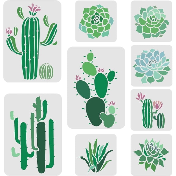 9 Pcs Succulent Plants Stencils 2 Sizes Cactus Plants Pattern Stencil Aloe Vera Wall Stencil Plastic Succulent Plants Stencils Reusable Stencil for Painting on Wood Floor Wall White