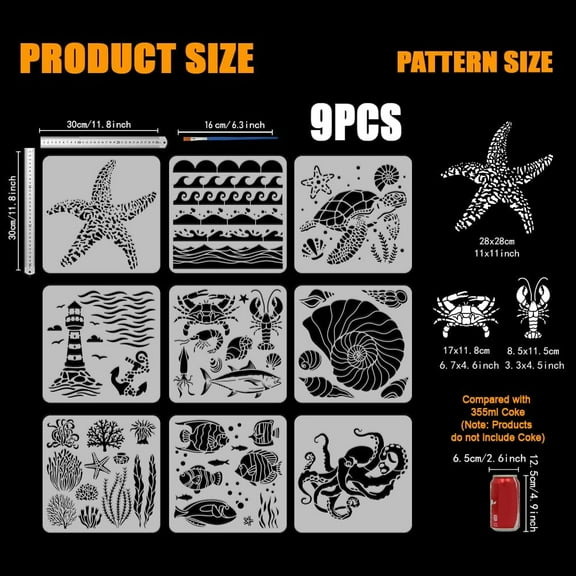 9 Pcs Summer Ocean Painting Stencil with Brush 11.8x11.8inch Sea Waves Drawing Template Fish Shells Lighthouse Turtle Octopus Corals Stencil for Painting on Wood Wall Fabric Furniture