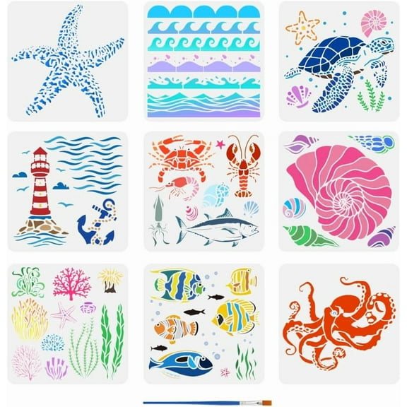 9 Pcs Summer Ocean Painting Stencil with Brush 11.8x11.8inch Sea Waves Drawing Template Fish Shells Lighthouse Turtle Octopus Corals Stencil