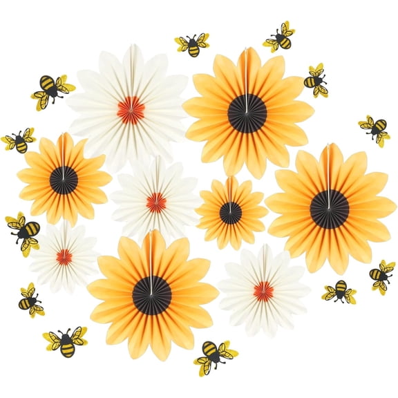 9 Pcs Sunflower Paper Ornaments: Fan Flowers with 3D Bees, Hanging Wall Decor for Birthday Party, Spring Summer Decor, Garden Theme, Classroom, Home Wall Arrangement