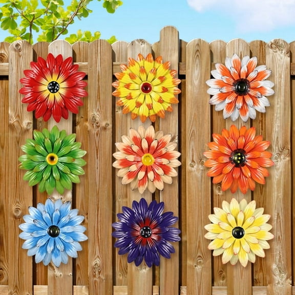 9 Pcs 8 Inch Metal Flower Wall Art Hanging 3D Daisy Decor Metal Flowers Outdoor Decor,Multicolored Layered Floral Sunflower Wall Decorations for Home Garden, Yard,Farmhouse