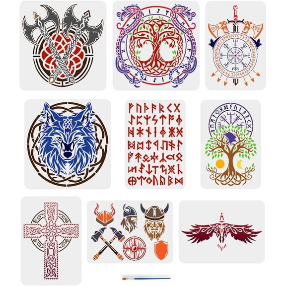 9 Pcs Theme Drawing Stencil with A Paint Brush 2 Size Celtic Knot Shield Wolf Tree of Life Crow Painting Template for Painting on Wood Wall Fabric Furniture colorful
