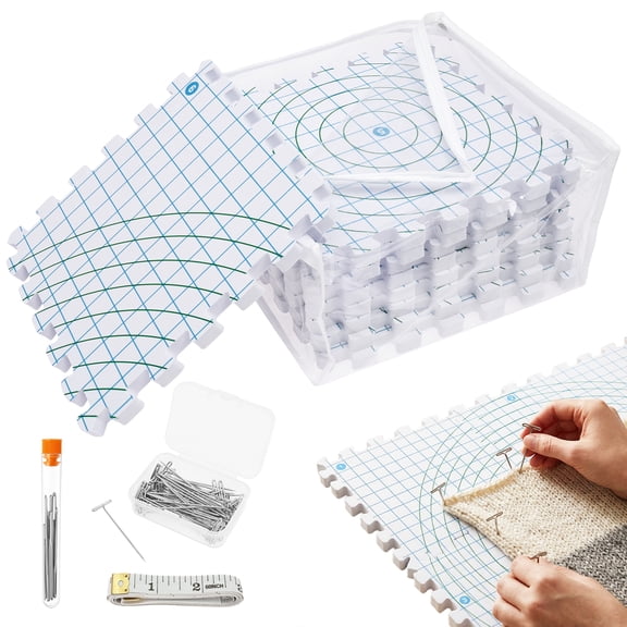 9 Pcs Thick EVA Knitting Blocking Mat Kit with Gridlines for Needlework Project,12 x 12 inches
