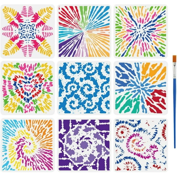 9 Pcs Tie-dye Patterns Painting Stencil with Brush 11.8x11.8inch 9 Styles Tie-dye Drawing Template Decoration Stencil for Painting on Wood Wall Fabric Furniture