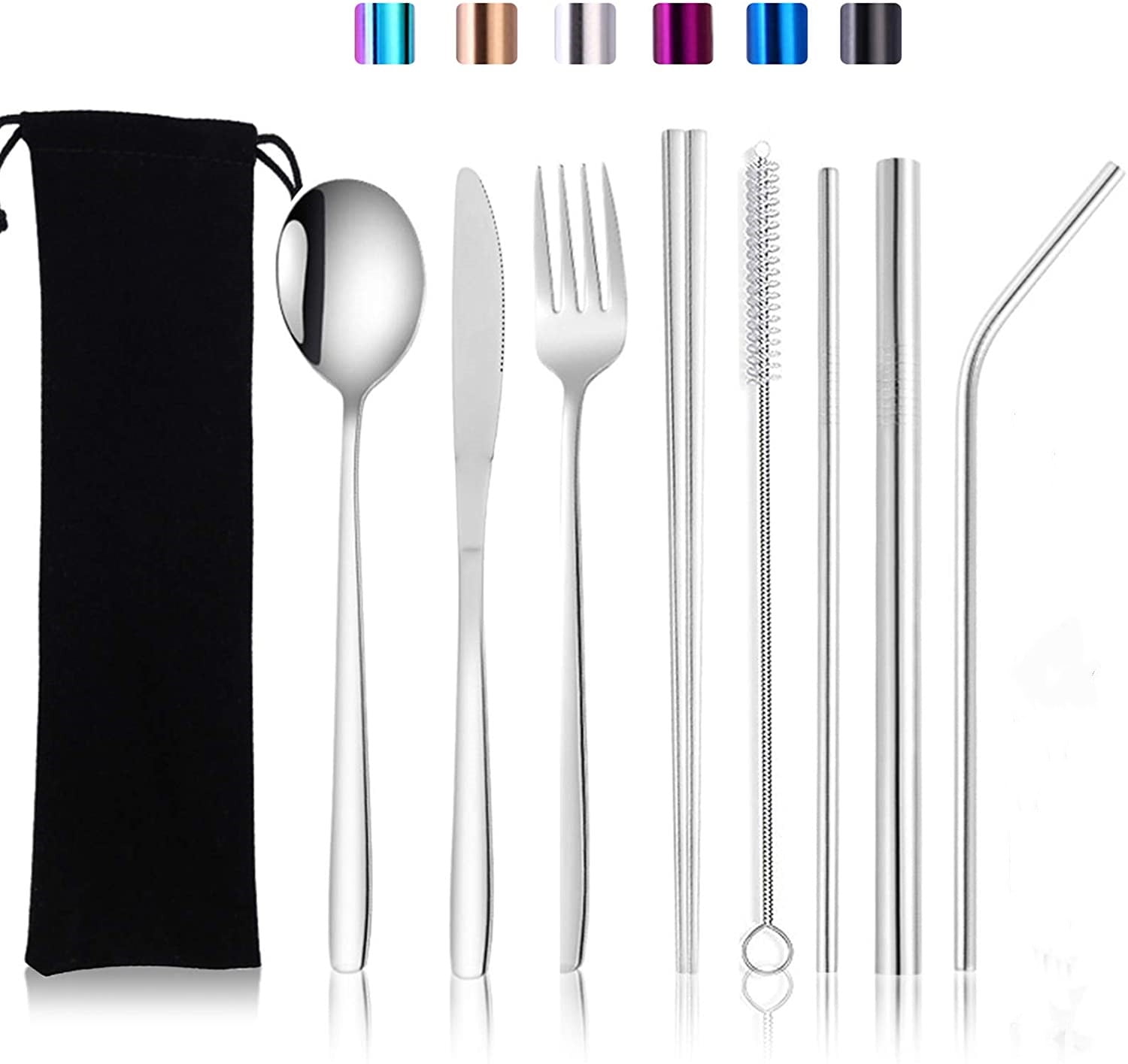 9 Pcs Travel Silverware Set with Case Reusable Camping Eating Utensils Set  Portable Stainless Steel Cutlery Set, Knife Fork Spoon Chopsticks - 9  Pieces 