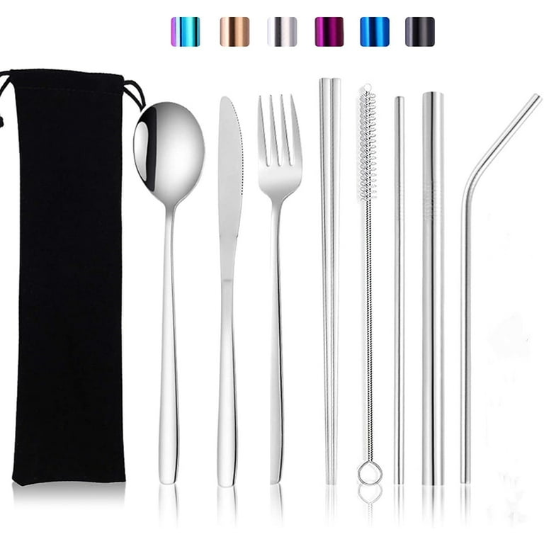 9 Pcs Travel Silverware Set with Case Reusable Camping Eating Utensils Set  Portable Stainless Steel Cutlery Set, Knife Fork Spoon Chopsticks - 9  Pieces 