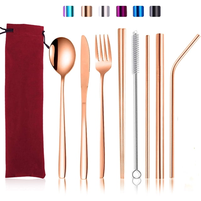 9 Pcs Travel Silverware Set with Case Reusable Camping Eating Utensils Set Portable Stainless Steel Cutlery Set, Knife Fork Spoon Chopsticks - 9 Pieces