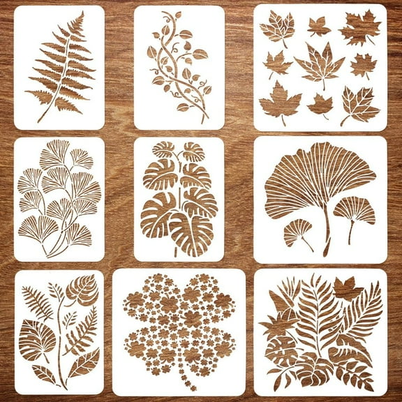 9 Pcs Tropical Leaves Painting Large Stencil 8.3x11.7" 11.8x11.8" Monstera Ceriman Rubber Grass Palm Leaf Ginkgo Biloba Four-Leaf Clover Spraying Stencil PET Plants Themes Stencil