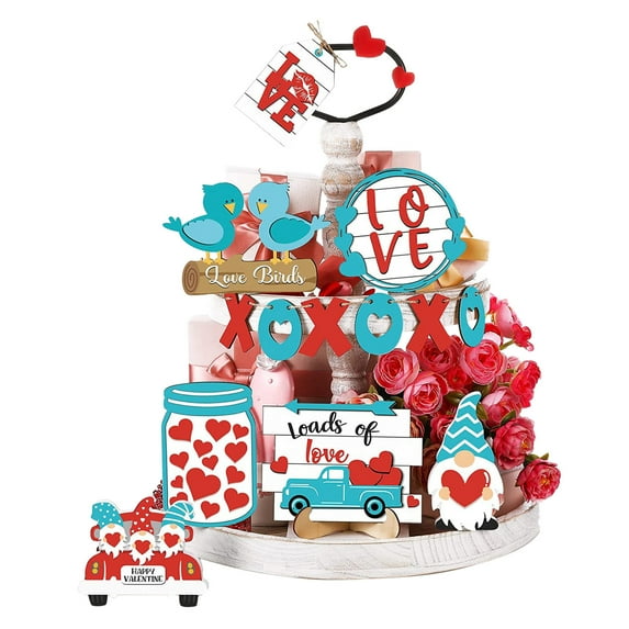 9 Pcs Valentine's Day Tiered Tray Decorations Set - Lovebird, Envelope, Love Heart, Wooden Farmhouse Tiered Tray Decor, Red & Blue (NO LIGHTS)