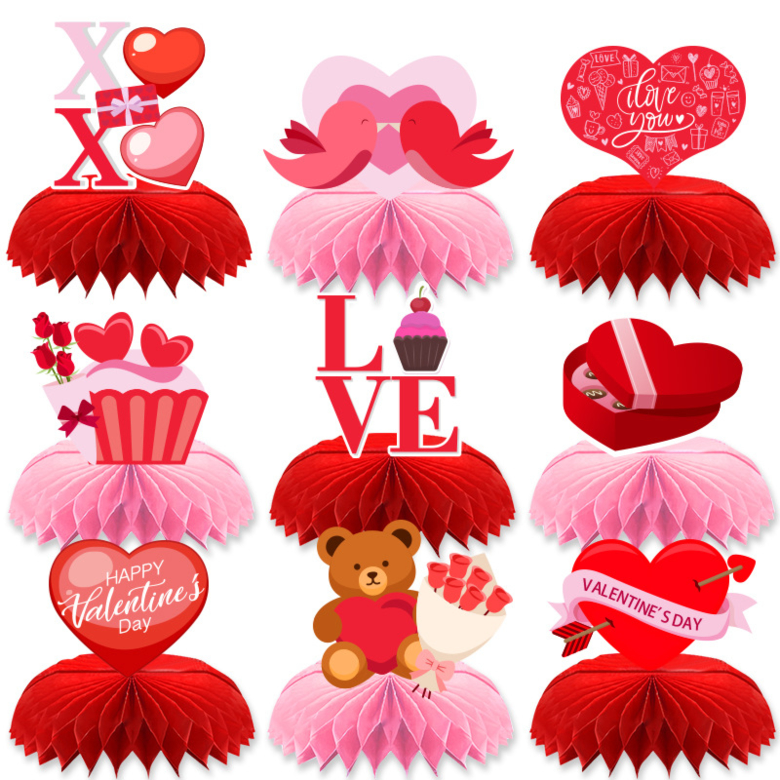 9 Pcs Valentines Day Decorations Honeycomb Centerpiece, Pink Valentines