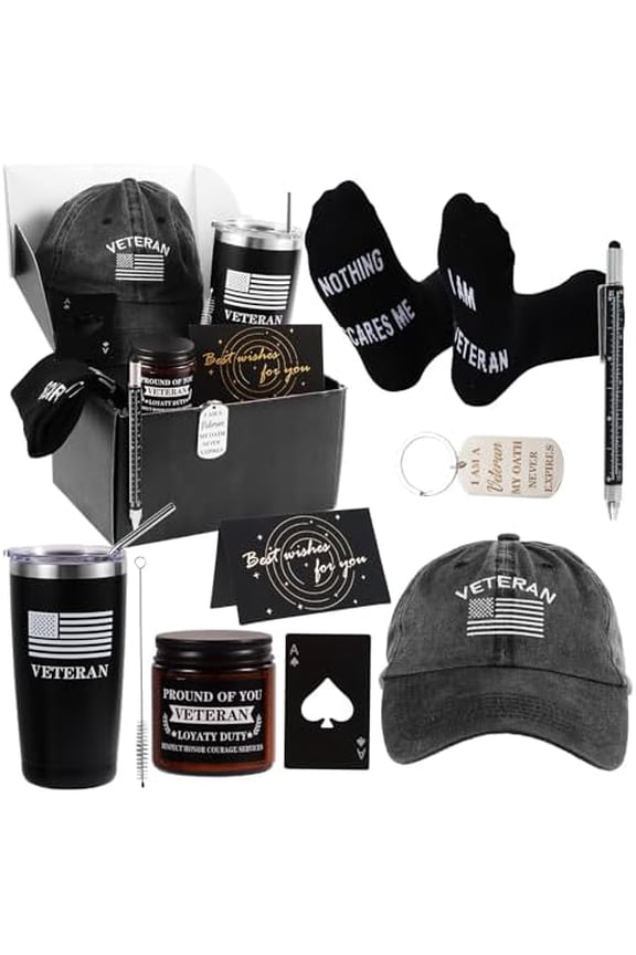 9 Pcs Veterans Gift for Men Memorial Day Gifts Set Best Veteran Day Gift Tumbler Socks Baseball Cap Keychain for Dad Brother Gifts