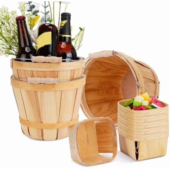 9 Pcs Wooden Gift Basket Set, 3 Pcs 8 x 6. 3'' Bushel Bucket Portable Fruit Bucket and 6 Harvest Basket for Display Fruit Vegetable Garden Storage Container Farm Picnic Party Supplies