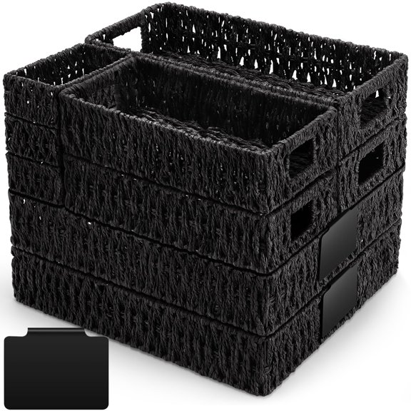 9 Pcs Wicker Storage Baskets for Pantry Organization with Handle Labels Handwoven Multi-size Dark Brown Small Organizer Baskets Storage Bin Container for Shelves Closet Toilet Christmas Holiday
