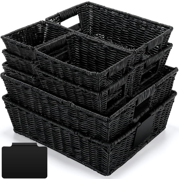 9 Pcs Wicker Storage Baskets for Pantry Organization with Handle Labels Handwoven Multi-size Dark Brown Small Organizer Baskets Storage Bin Container for Shelves Closet Toilet Christmas Holiday