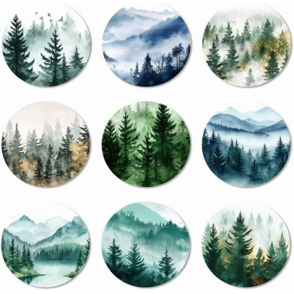 9 Pcs Wood Coasters for Drinks Watercolor Forest Mountain Colorful Wooden Cup Mat for Coffee Table Decor 3.9" Non-Slip Desk Coasters for Home Apartment Office Bar Wood