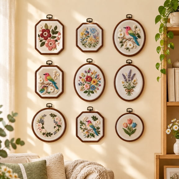 9 Pcs Wood Look Embroidery Hoops Set, Round Oval and Octagon Cross Stitch Frames in Multiple Sizes for DIY Needlework and Display