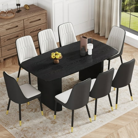 9 Pcs Wood Table and Chair Set, 67'' Faux Wood Grain MDF Dining Table, 8 PU Leather Chairs with Cushions and Metal Legs, for Dining & Gatherings, Black+White