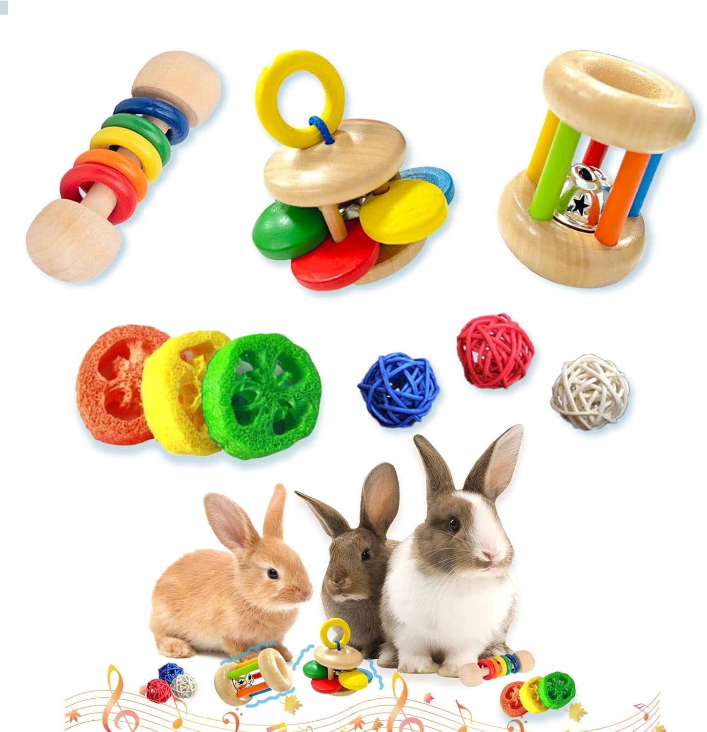 9 Pcs Wooden Rabbit Toys for Indoor Bunnies, Safety Bunny Chew Toys, Multi-Colored Rabbit Teeth Grinding Toys for Chinchillas Hamsters Guinea Pigs Gift
