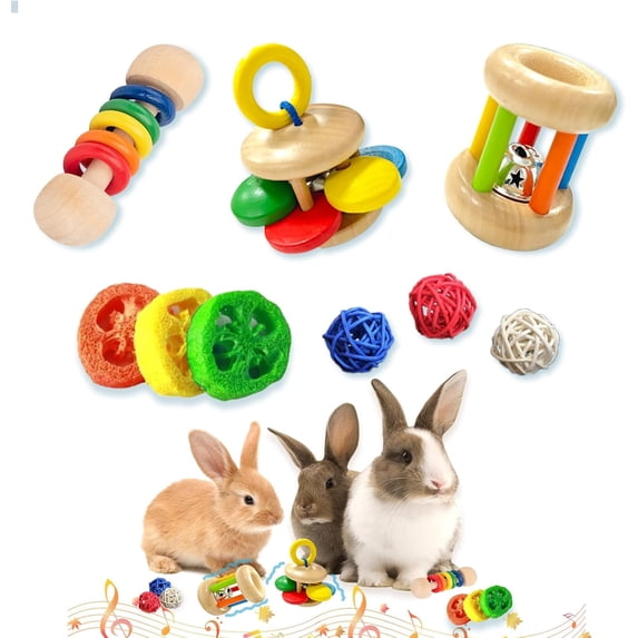 9 Pcs Wooden Rabbit Toys for Indoor Bunnies, Safety Bunny Chew Toys, Multi-Colored Rabbit Teeth Grinding Toys for Chinchillas Hamsters Guinea Pigs Gift