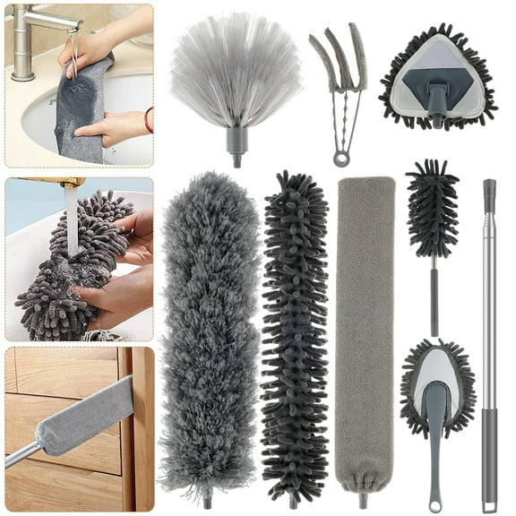 9 PcsMicrofiber Dusters, Feather Duster with Extra Long Extension Pole Bendable & Extendable & Washable Duster for Cleaning Ceiling Fan, High Ceiling, Blinds, Furniture & Cars