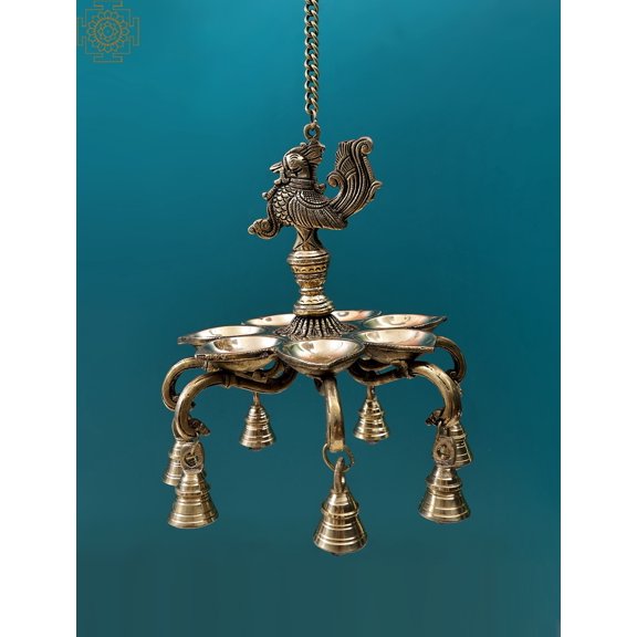 9" Peacock Hanging Diya with Bells | Handmade