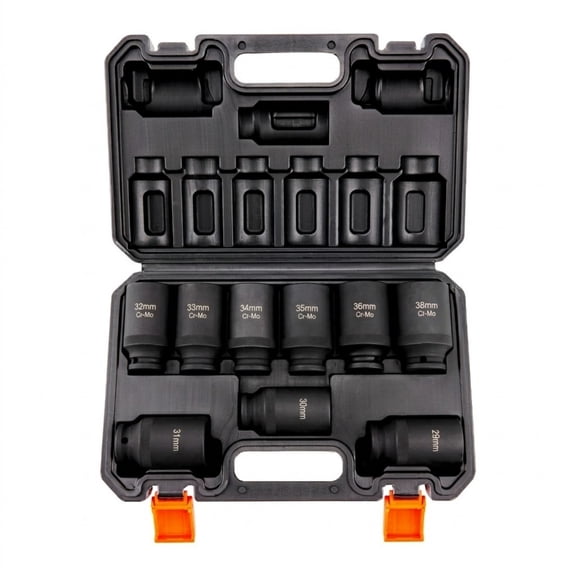 9-Piece 1/2" Drive Deep Impact Socket Set, Metric 29-38mm, 6-Point Cr-Mo Steel with Storage Case