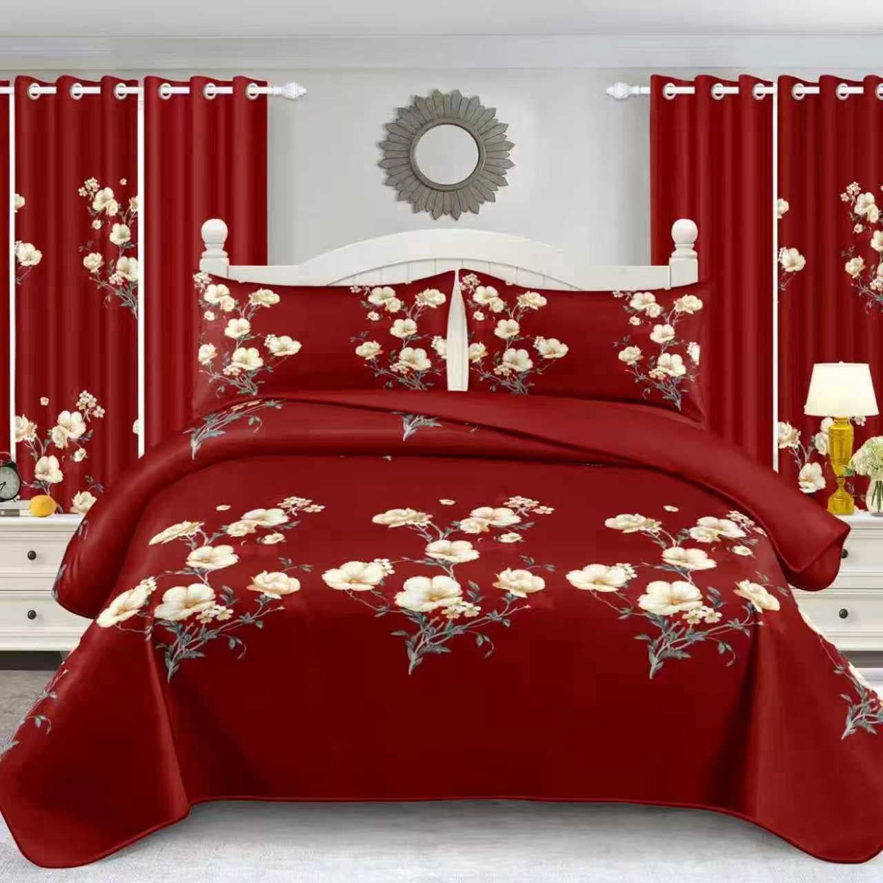 Window Bedding 9-Piece Microfiber Bedding Set with Curtains, Burgundy Floral Bedspread ...