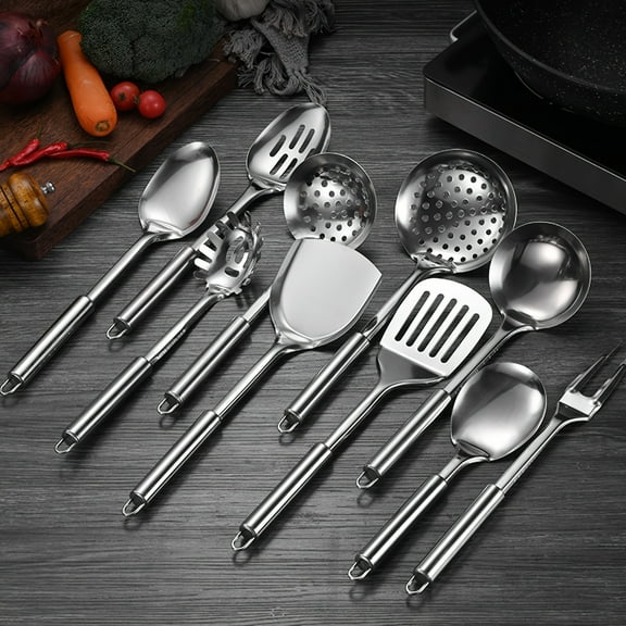 9-Piece 304 Stainless Steel Cooking Utensil Set - Heat-Resistant, Dishwasher Safe for Nonstick Cookware - Space-Saving with Hanging Holes - Perfect Gift for Chefs