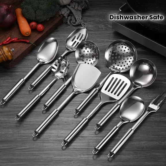 9-Piece 304 Stainless Steel Cooking Utensil Set with Heat-Resistant Handles - Dishwasher Safe, Space-Saving Kitchen Tools with Hanging Holes - Perfect Gift for Home & Commercial Chefs