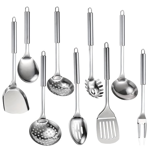 9-Piece 304 Stainless Steel Cooking Utensil Set with Heat-Resistant Handles - Dishwasher Safe, Space-Saving Kitchen Tools with Hanging Holes - Perfect Gift for Home & Commercial Chefs