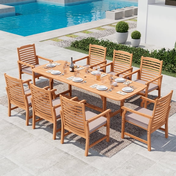 9-Piece Acacia Wood Outdoor Patio Dining Set with 8 Wooden Chairs with Cushions & 1 Expandable Wooden Dining Table, Natural