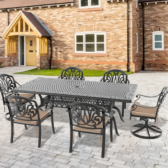 9-Piece Aluminum Dining Collection for Garden | 360 Swivel Chairs for Convenient Use | Exquisite Cast Aluminum Patterns | All-Weather Sunproof Cushions with Good Resilience