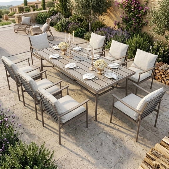 9-Piece Aluminum Outdoor Dining Set, 84" Rectangular Table with 8 Rope Chairs & Cushions