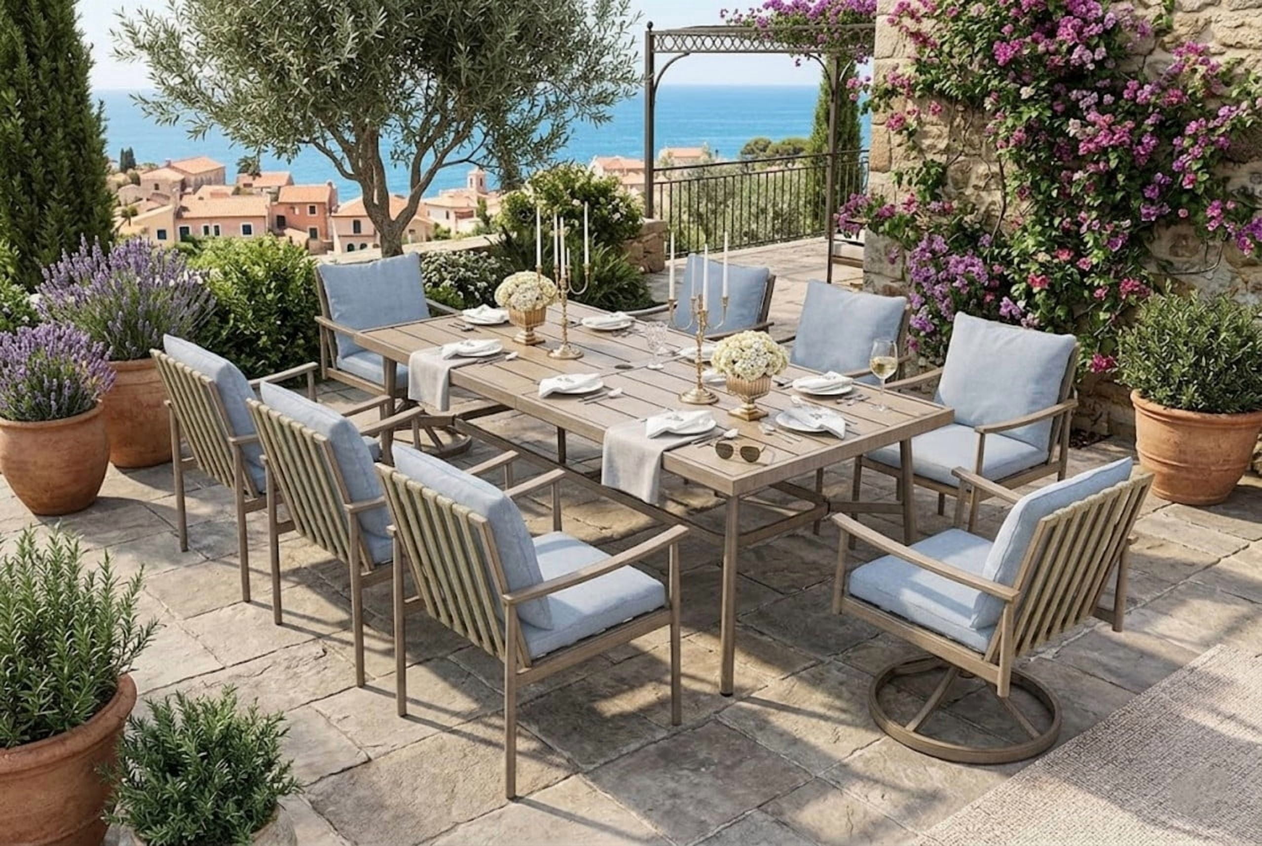 9-Piece Aluminum Outdoor Dining Set for 8, 84" Table with 6 Chairs & 2 Swivel Chairs