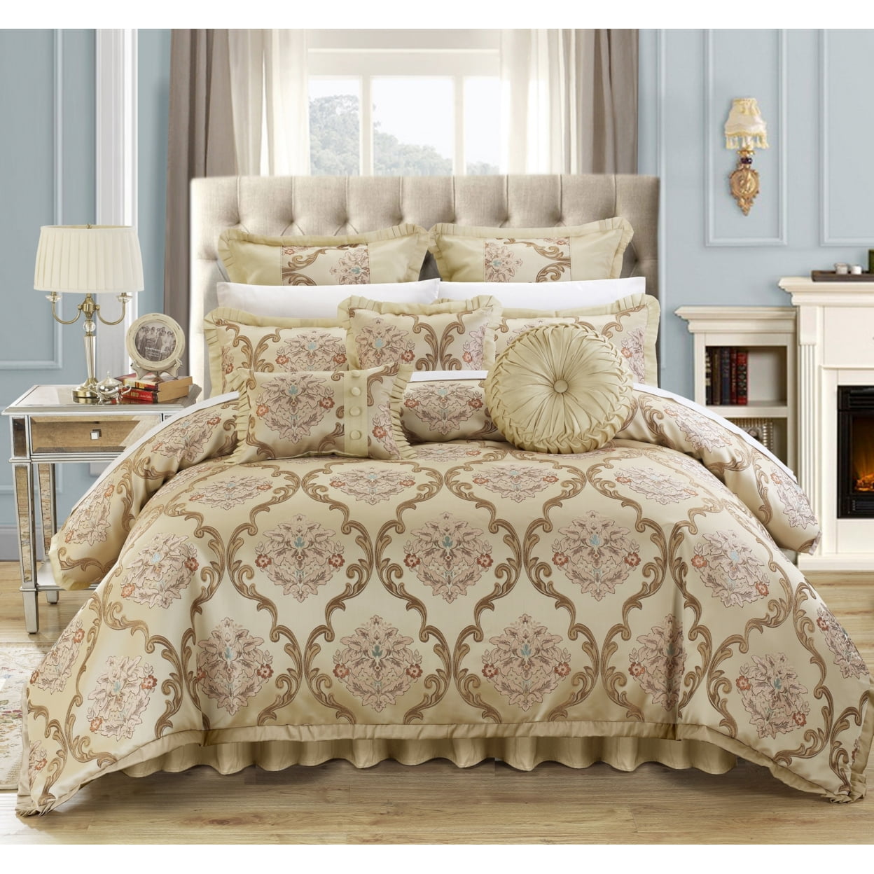 Aubrey King Beige Jacquard Damask Comforter Set with Decorative Pillows