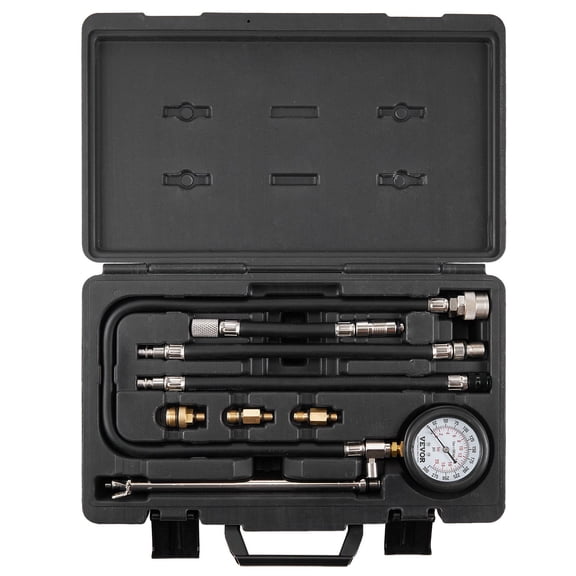9-Piece Automotive Engine Compression Tester Kit, 0-300 psi Dual Scale Gauge, Leak Down Test Adapter with Long Hoses & Storage Case for Accurate Cylinder Pressure Measurement